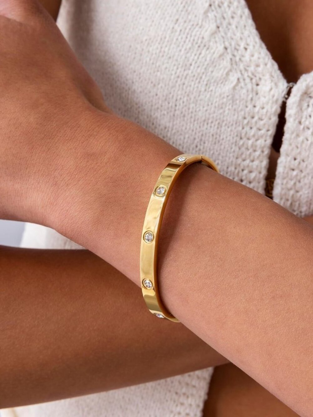 Waterproof Bracelet for Women - 14K Gold Plated Bangle with Cubic Zirconia - Sta - Picture 2 of 5
